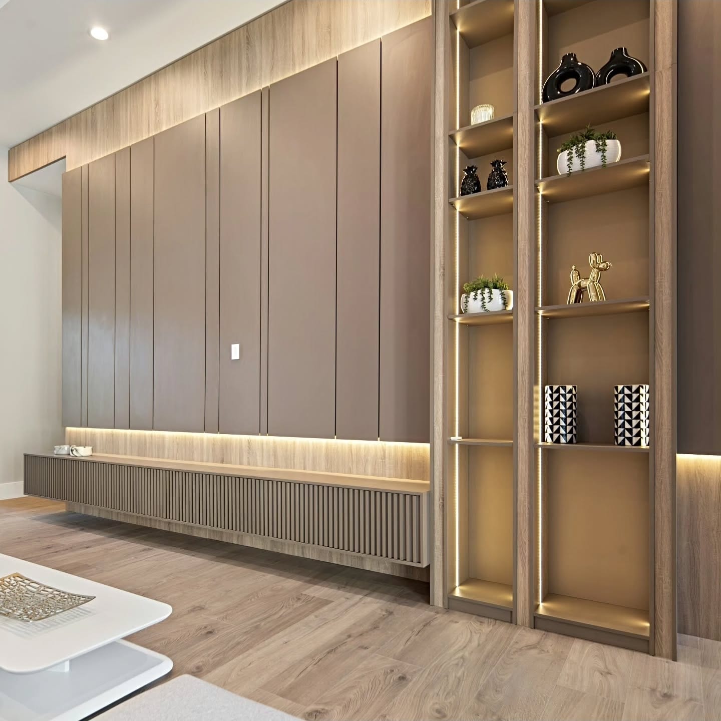 Architectural slat wall with backlit shelving